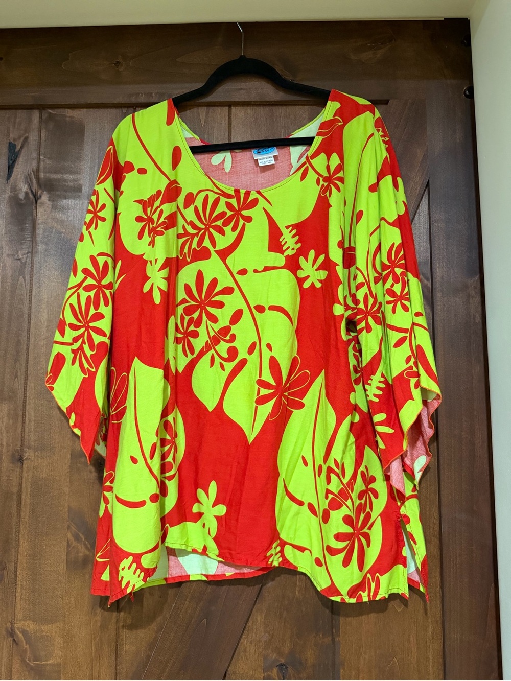 NWOT Hula Bay Honolulu Tropical Kaftan Poncho Top Monstera Neon Red XL